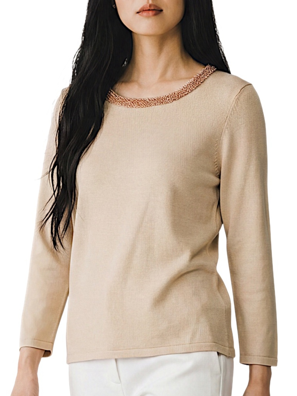 4/$20 Vintage Belford Silk Blend Sweater Beaded Neckline Pearl Embellished Tan S